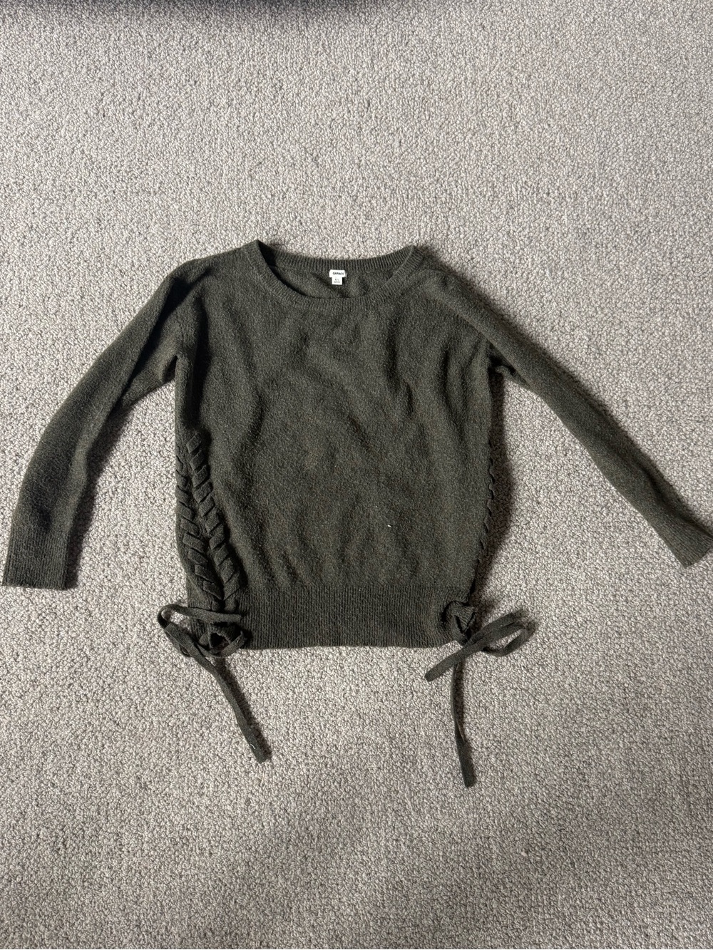 Garage Olive Green Crewneck Sweater with Side Braid & Ties